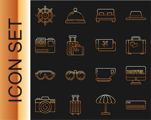 Poster - Set line Air conditioner, Online hotel booking, Suitcase, Big bed, Action extreme camera, Ship steering wheel and Airline ticket icon. Vector