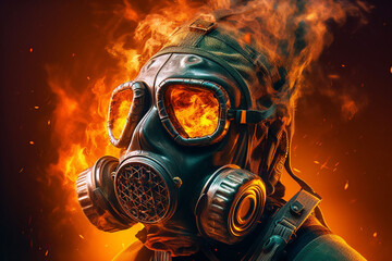 Fototapete - A digital illustration of a gas mask engulfed in flames, symbolizing destruction, chaos, or revolution. Generative AI technology.