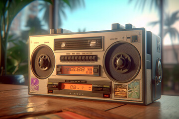 Fototapete - An image of a cassette tape captured in a vintage or retro-inspired scene, such as a record store or an old-fashioned boombox.  Generative AI technology.