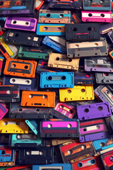 Sticker - An artistic composition of multiple cassette tapes arranged in a pattern or forming a larger image, creating a visually striking and nostalgic scene. Generative AI technology.