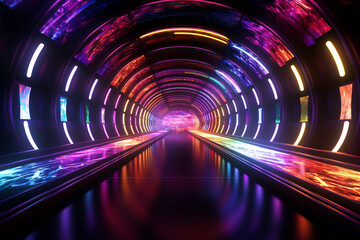 Poster - An architectural rendering of a futuristic tunnel with embedded LED lights that change colors in response to motion or sound.  Generative AI technology.