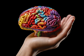 Poster - A close-up photograph of a human hand holding a realistic model of a brain, symbolizing the power of knowledge and intellect.  Generative AI technology.