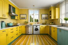 A Bright And Cheerful Kitchen With A Retro-inspired Design. The Room Features A Colorful Tiled Backsplash And Vintage Appliances. The Walls Are Painted In A Sunny Yellow Color