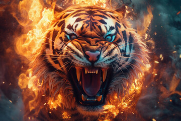Poster - A digital illustration of a Tiger engulfed in flames, symbolizing destruction, chaos, or revolution. Generative AI technology.