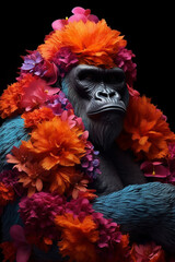 Fototapete - A conceptual image of a Gorilla made from unconventional materials, such as flowers or feathers, challenging the perception of Gorilla as solely utilitarian objects.  Generative AI technology.