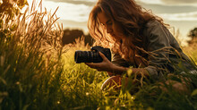 Woman Making Picture Of Nature Flower Plant During Sunset, Holding Photo Camera