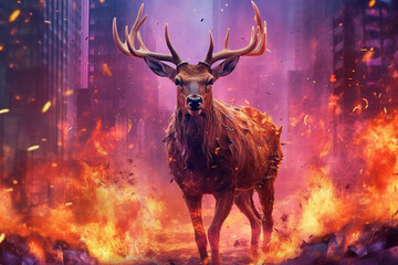 Fototapete - A digital illustration of a Deer engulfed in flames, symbolizing destruction, chaos, or revolution.  Generative AI technology.