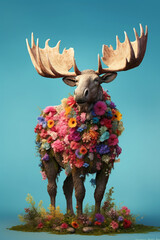 Fototapete - A conceptual image of a Moose made from unconventional materials, such as flowers or feathers, challenging the perception of Moose as solely utilitarian objects.  Generative AI technology.