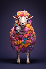 Fototapete - A conceptual image of a Sheep made from unconventional materials, such as flowers or feathers, challenging the perception of Sheep as solely utilitarian objects.  Generative AI technology.