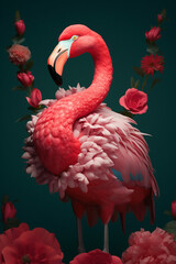 Fototapete - A conceptual image of a Flamingo made from unconventional materials, such as flowers or feathers, challenging the perception of Flamingo as solely utilitarian objects. Generative AI technology.