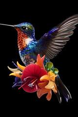 Fototapete - A conceptual image of a Hummingbird made from unconventional materials, such as flowers or feathers, challenging the perception of Hummingbird as solely utilitarian objects.  Generative AI technology.
