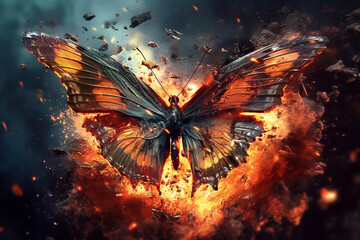 Fototapete - A digital illustration of a Butterfly engulfed in flames, symbolizing destruction, chaos, or revolution. Generative AI technology.
