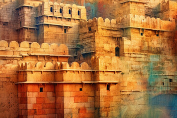 Poster - An abstract portrayal of the fortified city walls of the Indus Valley Civilization, with strong lines and earthy tones. Generative AI technology.