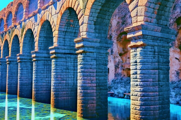 Poster - An image featuring abstract interpretations of a Roman aqueduct, with arching lines and cool blues. Generative AI technology.