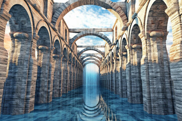 Aufkleber - An image featuring abstract interpretations of a Roman aqueduct, with arching lines and cool blues. Generative AI technology.
