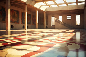 Poster - An image showcasing abstract representations of a Roman villa, with geometric shapes and warm earth tones. Generative AI technology.
