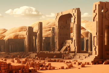 Poster - An image featuring abstract interpretations of the ruins of Persepolis, with geometric shapes and warm earth tones. Generative AI technology.