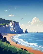 Explore Etretat, France Seascape With Rock Cliffs. A Stunning Vector Illustration For Your Travel Poster