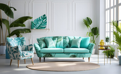 Wall Mural - Refreshing Blue Living Room, Turquoise Sofa and Wall Chair Amidst a Leafy Wallpaper with a Stylish Table