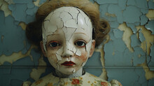 Vintage Porcelain Doll With Cracked Paint And An Unsettling Expression. Generative Ai.