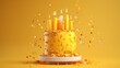 Generative AI. Happy birthday party concept, minimalistic background. Sweet cake with yellow cream and icing with candles. Gender party.