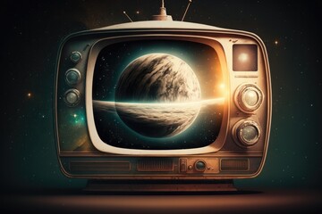 Wall Mural - n old television displaying a planet image. generative ai