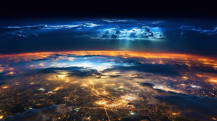 Wall Mural - panoramic view on planet earth globe from space. glowing city lights, light clouds. generative ai