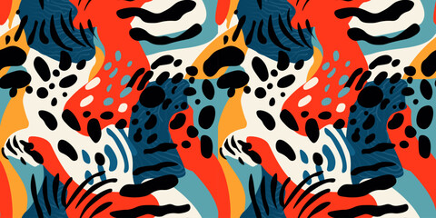 Abstract artistic seamless pattern with trendy hand drawn textures, spots, brush strokes. Colorful animalistic texture for for wrapping paper, fabric print, wallpaper. Contemporary art. 