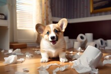 Generative AI Portrait of a dog making chaos and disorder in the apartment. The concept problem of growing up puppy and boredom during loneliness at home. Welsh Corgi Pembroke destroyed toilet paper.