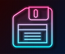 Glowing Neon Line Floppy Disk For Computer Data Storage Icon Isolated On Black Background. Diskette Sign. Vector