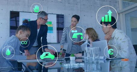 Poster - Animation of multiple digital icons over diverse business people in office