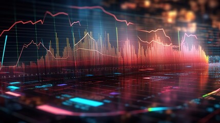 Abstract glowing graph and hologram of business development on a dark background. Created with Generative Ai technology.