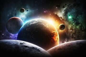 Wall Mural - multiple planets in a galaxy with shining stars. generative ai