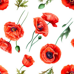 Wall Mural - Seamless floral pattern of red poppies on a transparent background as a design element. Generative AI.