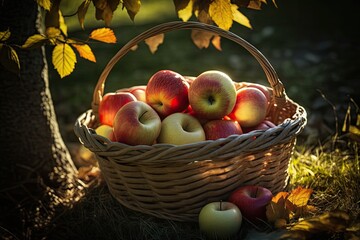 Sticker - basket of ripe red apples nestled under a leafy tree. Generative AI