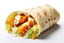 Crispy Chicken Wrap With Lettuce, Melted Mozzarella, Yellow Or Honey Sauce, Tortilla Wrap With Chicken And Vegetables