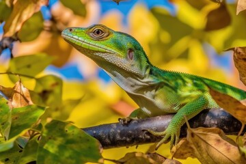 Poster - green lizard perched on a tree branch. Generative AI