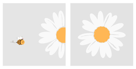 daisy flower and bee cartoon on grey backgrounds vector illustration. cute wall art decoration.