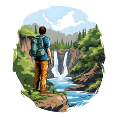hiking clipart illustration depicting a hiker with a backpack, enjoying the scenic view of a waterfa