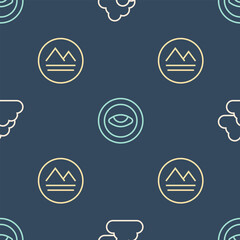 Wall Mural - Set line Cloudy weather, Earth element and Medallion with eye on seamless pattern. Vector