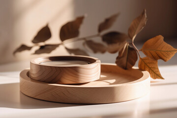 Two Minimal Modern Wooden round tray podium on white glossy table counter in sunlight