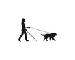 © ultra designer - Old woman blind with guide dog walking. Dog guide silhouette old woman holding pet by cane thin stick vector illustration isolated on white. Vector black flat icon isolated on white background.