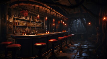 Generative AI Halloween bar dark interior design. No people. Intimidating pub decorations with red lighting.