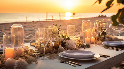 Wall Mural - Enchanting Table Decor for a Magical Event Party or Sunset Beach Wedding Reception. Generative Ai