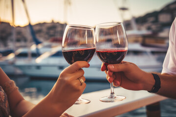 Wall Mural - Young couple toasting with a glasses of red wine on a luxury yacht close up