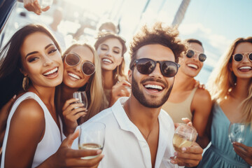 Group of mix race young people having a party on the luxury yacht