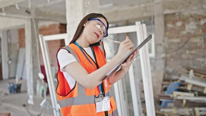 Canvas Print - Young chinese woman builder writing construction report talking on smartphone at construction site