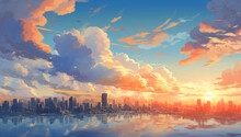 Sunrise Or Sunset Over The City Blue Sky With Orange Fluffy Clouds Anime Manga Digital Illustration Comic Style