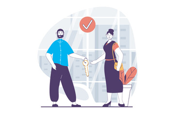 Poster - Real estate concept with people scene in flat design for web. Woman buying new house, dealing contract and receiving key from realtor. Vector illustration for social media banner, marketing material.