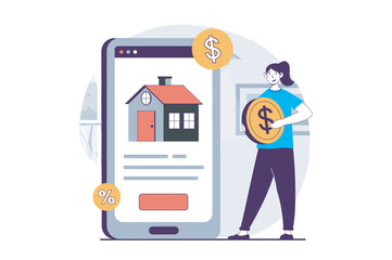Wall Mural - real estate concept with people scene in flat design for web. woman selecting homes in mobile app fo